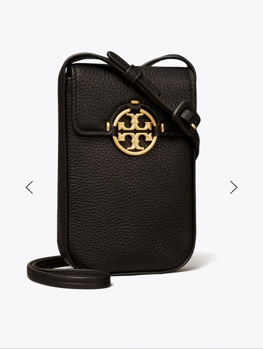 Tory Burch Black Pebbled Leather Crossbody Phone Bag with Gold Logo
